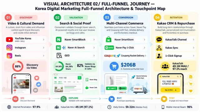 Korean digital marketing ecosystem funnel mapping discovery, search validation, commerce conversion, and Kakao CRM retention.