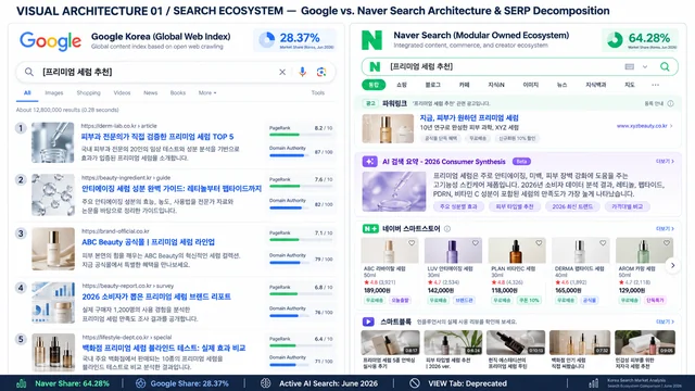 Side-by-side comparison of Google web-index search results and Naver's modular search ecosystem for the same Korean query.