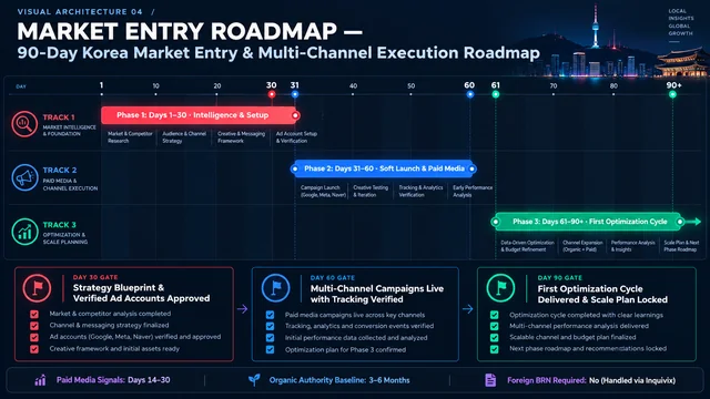90-day South Korea market entry roadmap across research, localization, multi-channel launch, and scale.