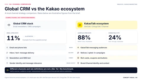 Illustrative comparison of global email and SMS CRM with KakaoTalk messaging. Rates are examples, not verified benchmarks.