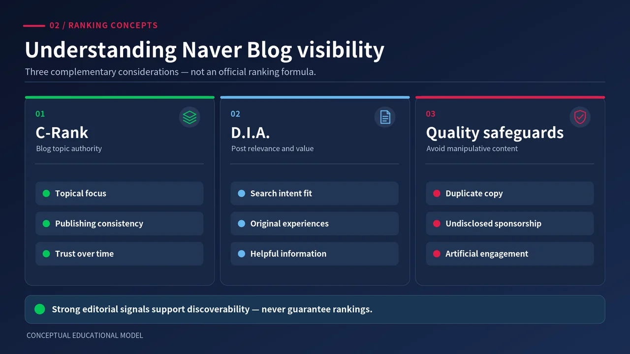 Educational diagram explaining Naver Blog C-Rank source trust, D.I.A. document relevance, and the need to avoid manipulative content.