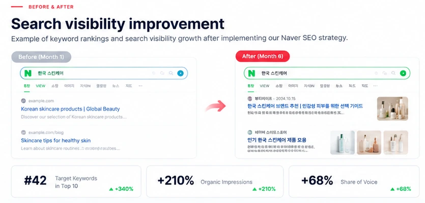 Naver search visibility benchmark comparing organic rankings and impressions across target categories.