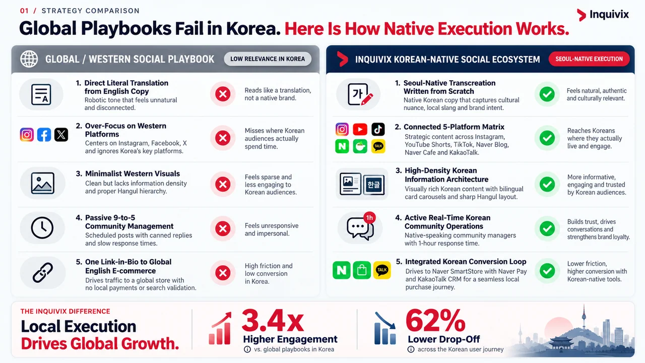 Framework comparison contrasting global social playbooks with Inquivix Seoul-native execution.