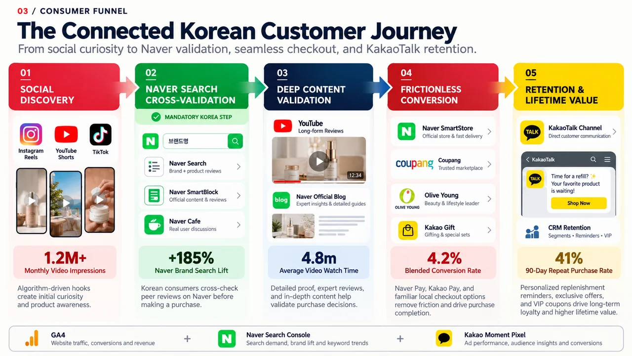 End-to-end Korean consumer conversion funnel linking social discovery to mandatory Naver search validation, SmartStore commerce, and KakaoTalk CRM retention.