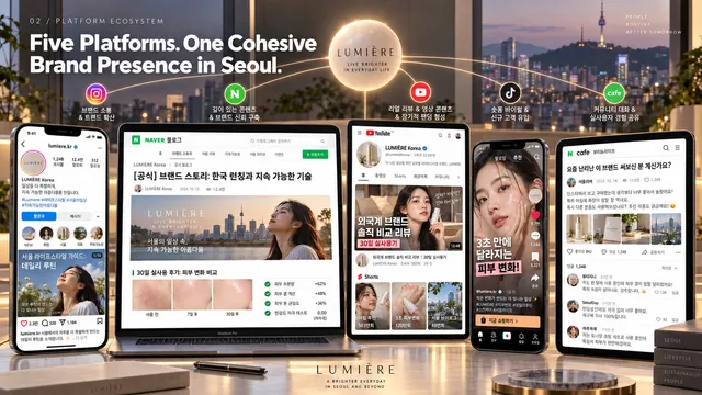 Unified Korean social media platform ecosystem across Instagram, Naver Blog, YouTube, TikTok, and Naver Cafe.