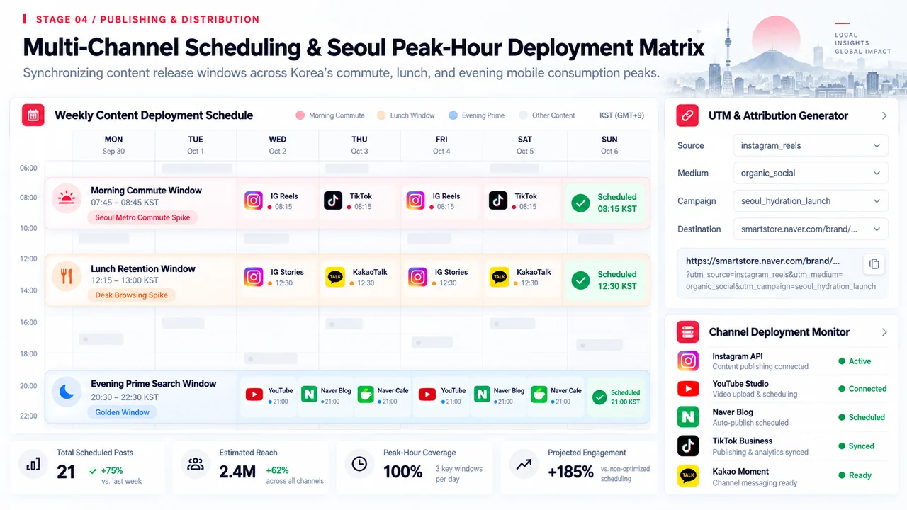 Multi-Channel Scheduling & Seoul Peak-Hour Deployment Matrix.