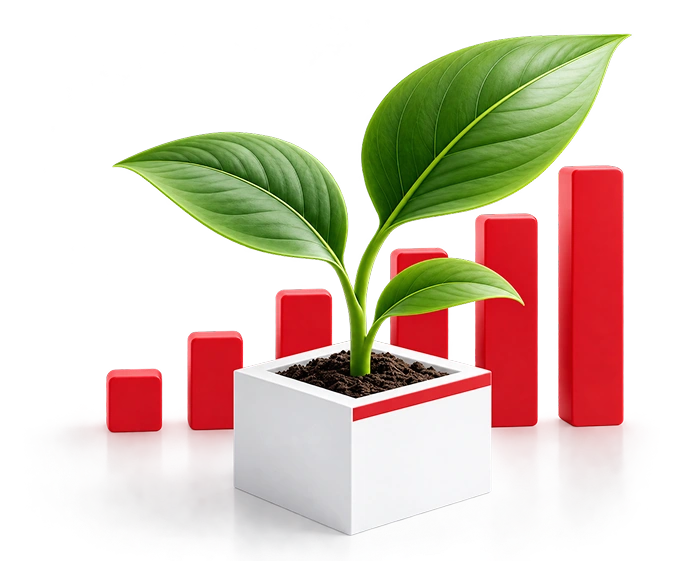 Potted sprout growing in front of rising performance bar chart symbolizing digital growth in Korea